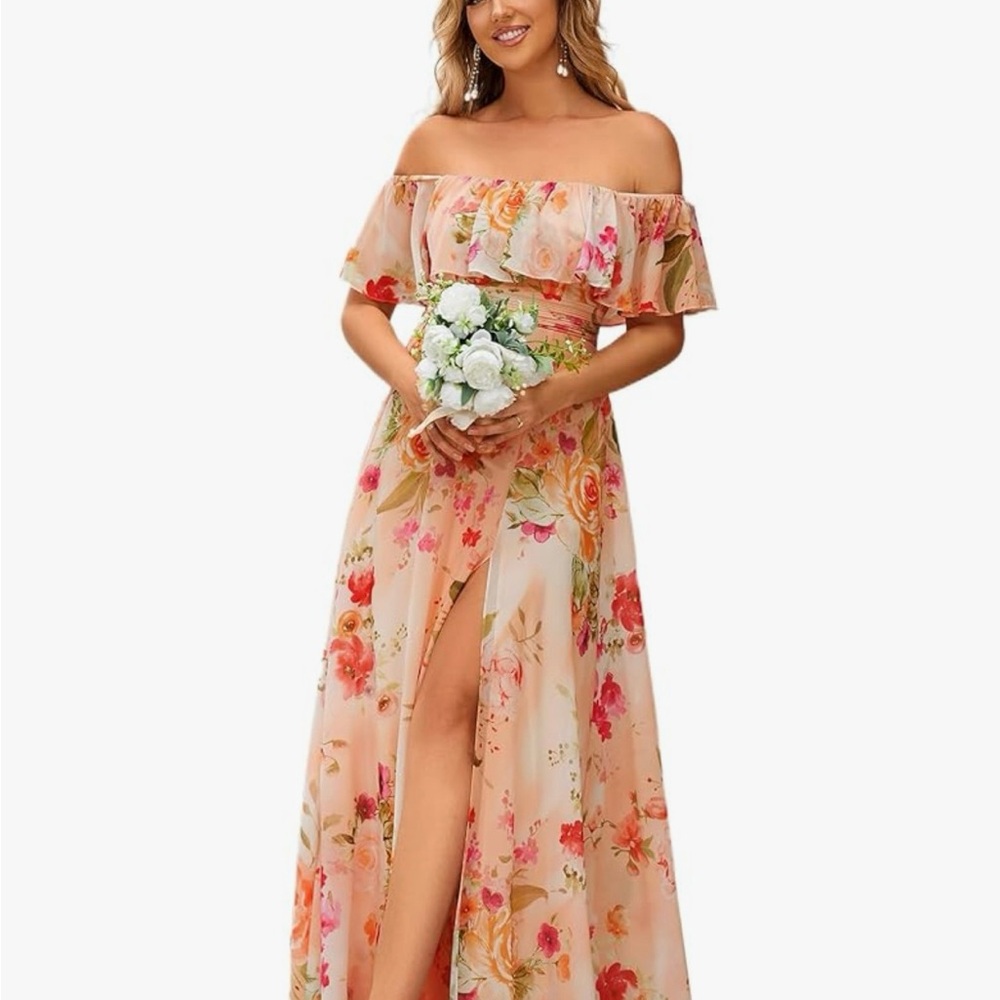 Ever Pretty Peach Floral Bridesmaid wedding guest off-the-shoulder dress